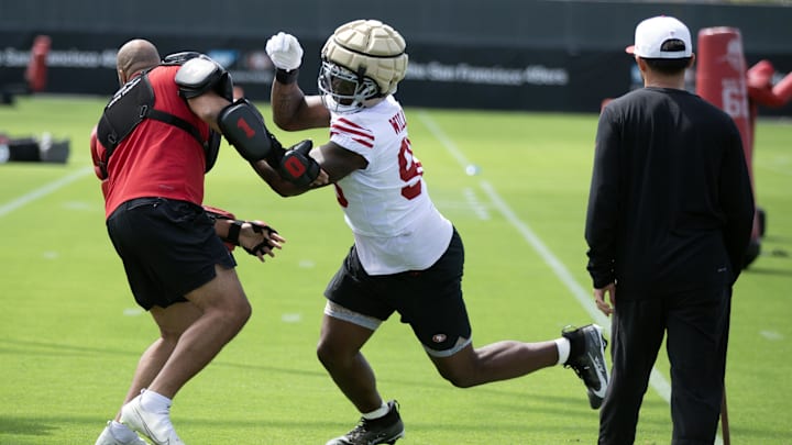 Jul 23, 2025; Santa Clara, CA, USA; San Francisco 49ers defensive end Mykel Williams (98) works on a blocking drill during the first day of training camp at SAP Performance Facility. Mandatory Credit: D. Ross Cameron-Imagn Images
