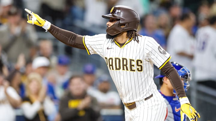 Apr 14, 2025; San Diego, California, USA; San Diego Padres right fielder Fernando Tatis Jr. (23) celebrates with the fans after hitting a one run home run during the third inning against the Chicago Cubs at Petco Park. Mandatory Credit: David Frerker-Imagn Images Apr 14, 2025; San Diego, California, USA; San Diego Padres right fielder Fernando Tatis Jr. (23) celebrates with the fans after hitting a one run home run during the third inning against the Chicago Cubs at Petco Park. Mandatory Credit: David Frerker-Imagn Images