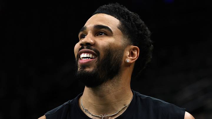 Oct 23, 2026; Boston, Massachusetts, USA; Boston Celtics forward Jayson Tatum (0) smiles before their game against the New York Knicks at TD Garden. Mandatory Credit: Winslow Townson-Imagn Images