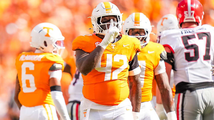 Tennessee defensive lineman Tyre West (42) celebrates after a play during a college football game between Tennessee and Georgia at Neyland Stadium in Knoxville, Tenn., on Sept. 13, 2025.