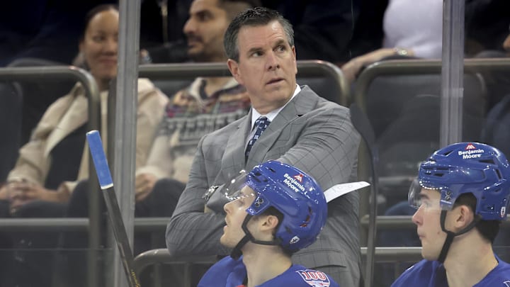 Mar 16, 2026; New York, New York, USA; New York Rangers head coach Mike Sullivan coaches against the Los Angeles Kings during the first period at Madison Square Garden. Mandatory Credit: Brad Penner-Imagn Images