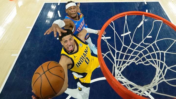 Jun 13, 2025; Indianapolis, Indiana, USA; Indiana Pacers guard Tyrese Haliburton (0) shoots the ball against Oklahoma City Thunder guard Shai Gilgeous-Alexander (2) during the second half during game four of the 2025 NBA Finals at Gainbridge Fieldhouse. Mandatory Credit: Kyle Terada-Imagn Images Jun 13, 2025; Indianapolis, Indiana, USA; Indiana Pacers guard Tyrese Haliburton (0) shoots the ball against Oklahoma City Thunder guard Shai Gilgeous-Alexander (2) during the second half during game four of the 2025 NBA Finals at Gainbridge Fieldhouse. Mandatory Credit: Kyle Terada-Imagn Images