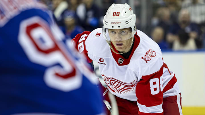 Apr 4, 2026; New York, New York, USA; Detroit Red Wings right wing Patrick Kane (88) awaits a face-off against the New York Rangers during the first period at Madison Square Garden. Mandatory Credit: Danny Wild-Imagn Images