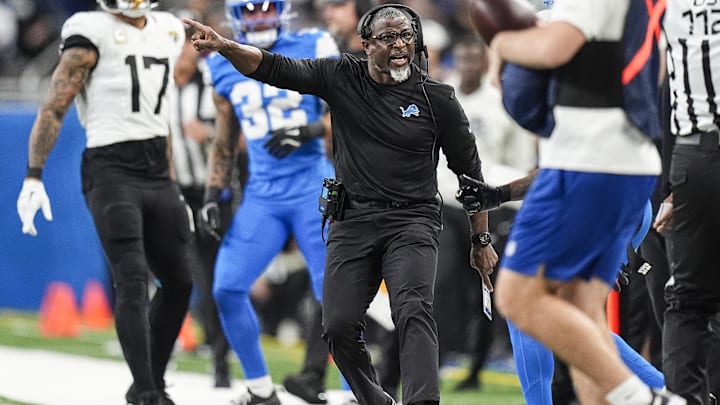 Nov 17, 2024; Detroit Lions defensive coordinator Aaron Glenn reacts to a play against Jacksonville Jaguars