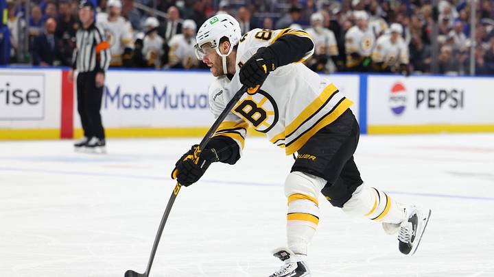 Apr 28, 2026; Buffalo, New York, USA; Boston Bruins right wing David Pastrnak (88) takes a shot on goal during the first period against the Buffalo Sabres in game five of the first round of the 2026 Stanley Cup Playoffs at KeyBank Center. Mandatory Credit: Timothy T. Ludwig-Imagn Images Apr 28, 2026; Buffalo, New York, USA; Boston Bruins right wing David Pastrnak (88) takes a shot on goal during the first period against the Buffalo Sabres in game five of the first round of the 2026 Stanley Cup Playoffs at KeyBank Center. Mandatory Credit: Timothy T. Ludwig-Imagn Images