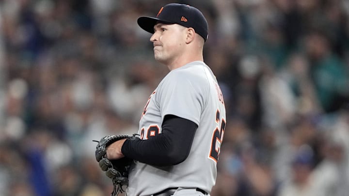 Oct 5, 2025; Seattle, Washington, USA; Detroit Tigers pitcher Tarik Skubal (29) reacts in the sixth inning against the Seattle Mariners during game two of the ALDS round for the 2025 MLB playoffs at T-Mobile Park. Mandatory Credit: Stephen Brashear-Imagn Images Oct 5, 2025; Seattle, Washington, USA; Detroit Tigers pitcher Tarik Skubal (29) reacts in the sixth inning against the Seattle Mariners during game two of the ALDS round for the 2025 MLB playoffs at T-Mobile Park. Mandatory Credit: Stephen Brashear-Imagn Images