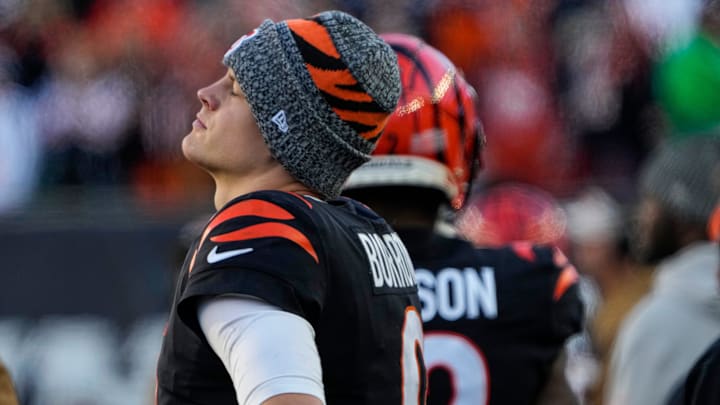 Cincinnati Bengals quarterback Joe Burrow (9) reacts as the Houston Texans move in field goal range