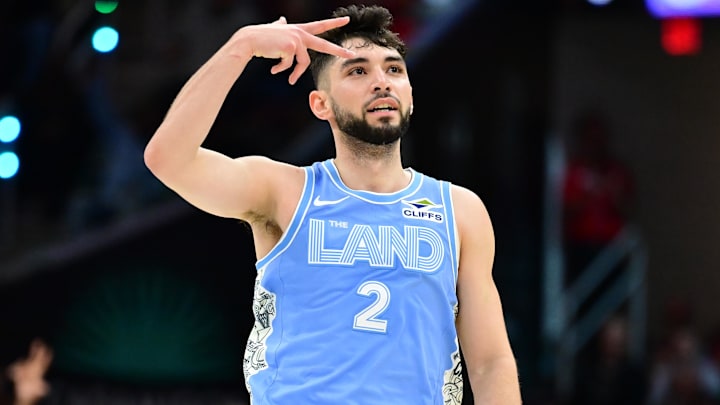 Nov 17, 2024; Cleveland, Ohio, USA; Cleveland Cavaliers guard Ty Jerome (2) celebrates after hitting a three-point basket during the first half against the Charlotte Hornets at Rocket Mortgage FieldHouse. Mandatory Credit: Ken Blaze-Imagn Images