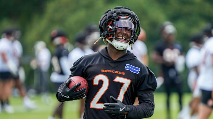 Cincinnati Bengals safety Jordan Battle (27) during the first day of training camp at the Kettering Health Practice Fields outside of Paycor Stadium on Wednesday, July 24, 2024.