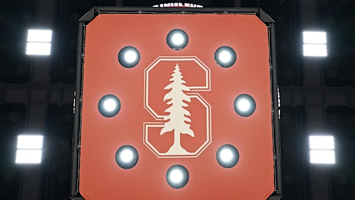 Feb 10, 2024; Stanford, California, USA; The Stanford Cardinal logo on the video board  before the game between the Stanford Cardinal and the USC Trojans at Maples Pavilion. Mandatory Credit: Robert Edwards-Imagn Images
