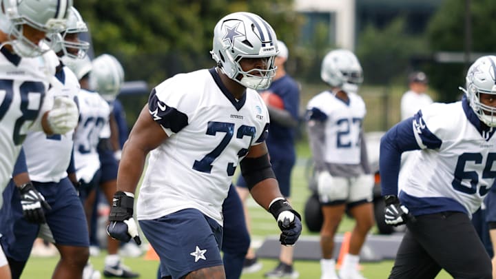 Dallas Cowboys guard Tyler Smith goes through a drill during practice at the Ford Center at The Star