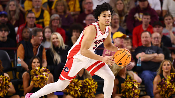 Jan 31, 2026; Tempe, Arizona, USA; Arizona Wildcats guard Brayden Burries (5) against the Arizona State Sun Devils at Desert Financial Arena.