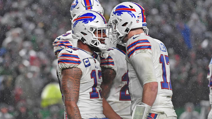 Nov 26, 2023; Philadelphia, Pennsylvania, USA; Buffalo Bills wide receiver Gabe Davis (13) celebrates touchdown  with quarterback Josh Allen (17) during the fourth quarter against the Philadelphia Eagles at Lincoln Financial Field. Mandatory Credit: Eric Hartline-Imagn Images