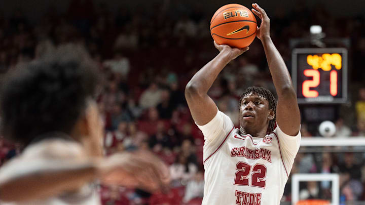 Feb 14, 2026; Tuscaloosa, AL, USA; Alabama forward Aiden Sherrell (22) shoots a three point shot against South Carolina at Coleman Coliseum. Mandatory Credit: Gary Cosby Jr.-Tuscaloosa News
