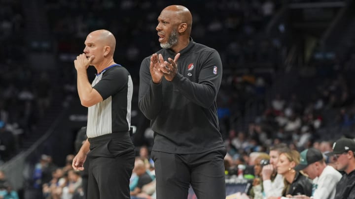 Apr 3, 2024; Charlotte, North Carolina, USA; Portland Trail Blazers head coach Chauncey Billups during the second half against the Charlotte Hornets at Spectrum Center. Mandatory Credit: Jim Dedmon-USA TODAY Sports