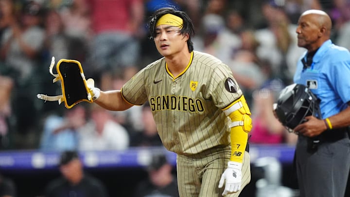 Aug 16, 2024; Denver, Colorado, USA; San Diego Padres shortstop Ha-Seong Kim (7) reacts after striking out in the eighth inning against the Colorado Rockies at Coors Field. Mandatory Credit: Ron Chenoy-Imagn Images Aug 16, 2024; Denver, Colorado, USA; San Diego Padres shortstop Ha-Seong Kim (7) reacts after striking out in the eighth inning against the Colorado Rockies at Coors Field. Mandatory Credit: Ron Chenoy-Imagn Images