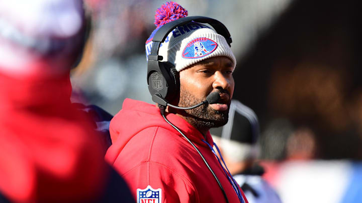 Dec 1, 2024; Foxborough, Massachusetts, USA;  New England Patriots head coach Jerod Mayo during the first half against the Indianapolis Colts at Gillette Stadium. Mandatory Credit: Bob DeChiara-Imagn Images