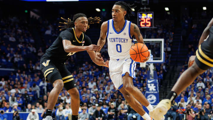 Mar 6, 2024; Lexington, Kentucky, USA; Kentucky Wildcats guard Rob Dillingham (0) drives to the basket during the second half against the Vanderbilt Commodores at Rupp Arena at Central Bank Center. 
