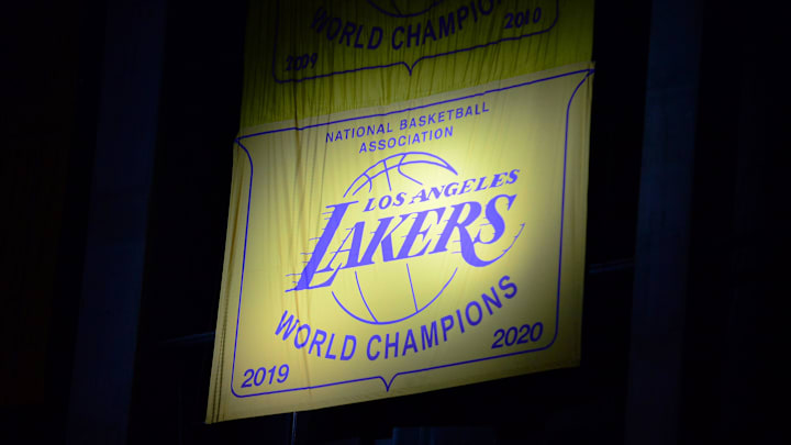 May 12, 2021; Los Angeles, California, USA; The Los Angeles Lakers 2020 champions banner is revealed before the game against the Houston Rockets at Staples Center. Mandatory Credit: Gary A. Vasquez-Imagn Images May 12, 2021; Los Angeles, California, USA; The Los Angeles Lakers 2020 champions banner is revealed before the game against the Houston Rockets at Staples Center. Mandatory Credit: Gary A. Vasquez-Imagn Images