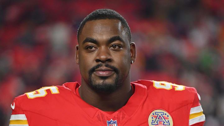 Dec 7, 2025; Kansas City, Missouri, USA; Kansas City Chiefs defensive tackle Chris Jones (95) is seen prior to the game against the Houston Texans at GEHA Field at Arrowhead Stadium. Mandatory Credit: Amy Kontras-Imagn Images