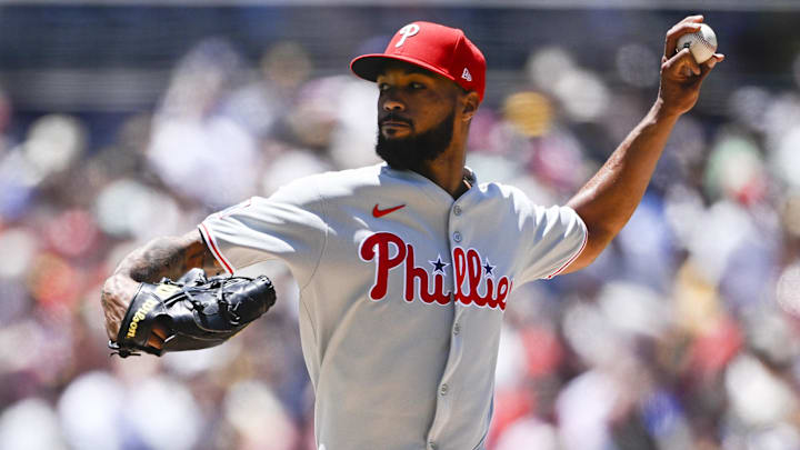 Jul 13, 2025; San Diego, California, USA; Philadelphia Phillies starting pitcher Cristopher Sanchez (61) delivers during the first inning against the against the San Diego Padres at Petco Park. Jul 13, 2025; San Diego, California, USA; Philadelphia Phillies starting pitcher Cristopher Sanchez (61) delivers during the first inning against the against the San Diego Padres at Petco Park.