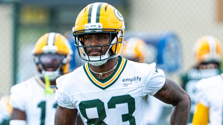 Green Bay Packers wide receiver Savion Williams (83) runs through a drill during the second day of training camp on Thursday, July 24, 2025, at Ray Nitschke Field in Ashwaubenon, Wis.