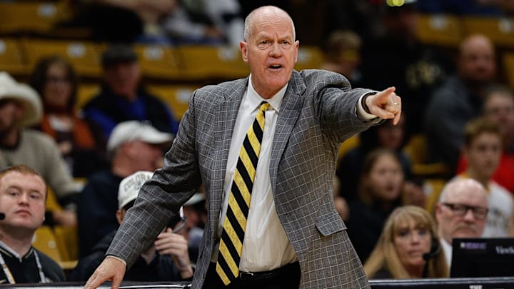 Feb 8, 2025; Boulder, Colorado, USA; Colorado Buffaloes head coach Tad Boyle gestures in the first half against the Houston Cougars at CU Events Center.
