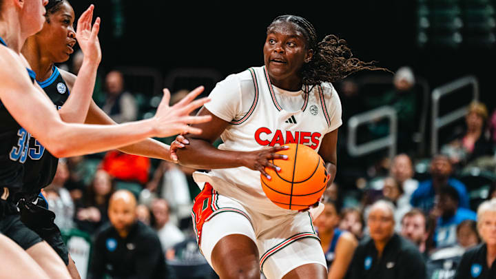 Miami women's basketball forward Danielle Osho handles the ball against Duke. 