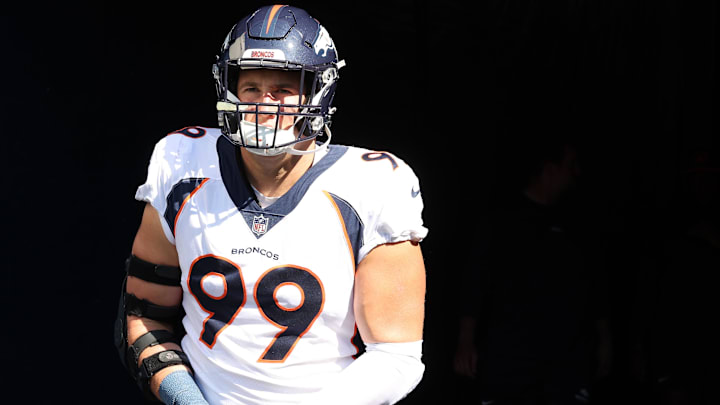 Oct 1, 2023; Chicago, Illinois, USA; Denver Broncos defensive end Zach Allen (99) takes the field before the game against the Chicago Bears at Soldier Field. 