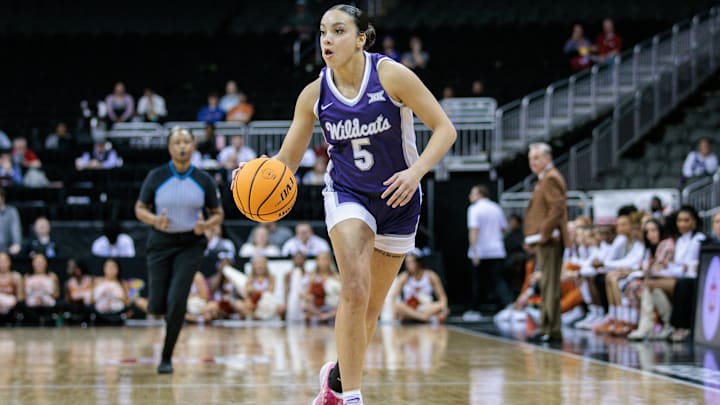 Mar 11, 2024; Kansas City, MO, USA; Kansas State Wildcats guard Brylee Glenn (5) brings the ball up the court.