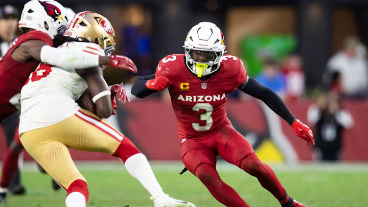Jan 5, 2025; Glendale, Arizona, USA; Arizona Cardinals safety Budda Baker (3) against the San Francisco 49ers at State Farm Stadium. Mandatory Credit: Mark J. Rebilas-Imagn Images