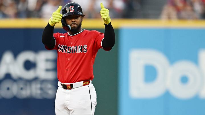 Jul 21, 2026: Cleveland Guardians pinch hitter Kahlil Watson (31) celebrates after hitting a double during the sixth inning against the Minnesota Twins at Progressive Field. Credit: Ken Blaze-Imagn Images