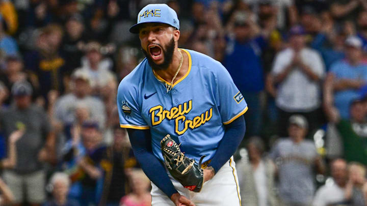 Sep 22, 2024; Milwaukee, Wisconsin, USA; Milwaukee Brewers pitcher Devin Williams (38) reacts after picking up a save in the ninth inning against the Arizona Diamondbacks at American Family Field. Sep 22, 2024; Milwaukee, Wisconsin, USA; Milwaukee Brewers pitcher Devin Williams (38) reacts after picking up a save in the ninth inning against the Arizona Diamondbacks at American Family Field.