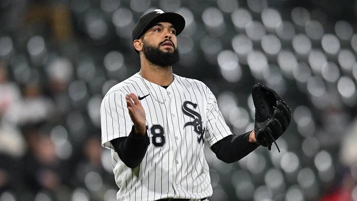 Apr 28, 2026; Chicago, Illinois, USA; Chicago White Sox pitcher Seranthony Dominguez (58) celebrates after defeating the Los Angeles Angels at Rate Field. Mandatory Credit: Patrick Gorski-Imagn Images