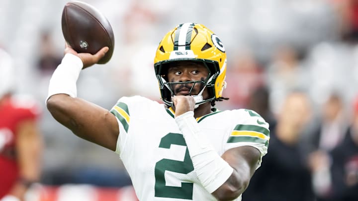 Oct 19, 2025; Glendale, Arizona, USA; Green Bay Packers quarterback Malik Willis (2) prior to the game against the Arizona Cardinals at State Farm Stadium. Mandatory Credit: Mark J. Rebilas-Imagn Images