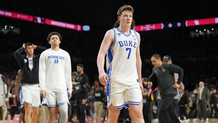Apr 5, 2025; San Antonio, TX, USA; Duke Blue Devils guard Kon Knueppel (7) walks off the court after losing to the Houston Cougars in the semifinals of the men's Final Four of the 2025 NCAA Tournament at the Alamodome. Mandatory Credit: Robert Deutsch-Imagn Images