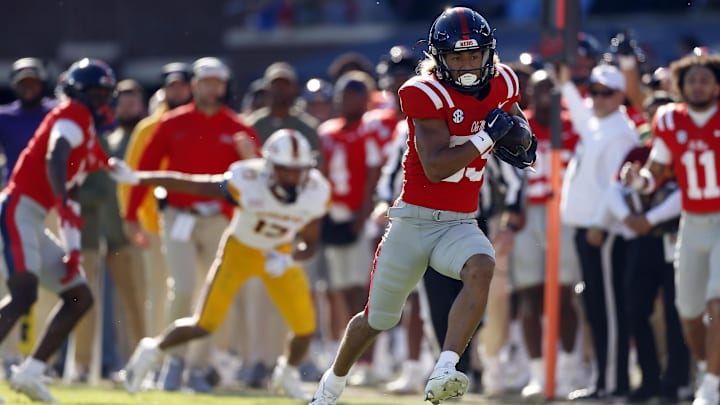 Nov 18, 2023; Oxford, Mississippi, USA; Mississippi Rebels wide receiver Cayden Lee (83) runs after a catch for a touchdown against the Louisiana Monroe Warhawks during the second half at Vaught-Hemingway Stadium. Mandatory Credit: Petre Thomas-USA TODAY Sports