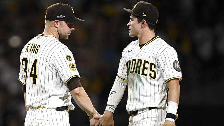 Oct 6, 2026; San Diego, California, USA; San Diego Padres pitcher Michael King (34) celebrates with San Diego Padres right fielder Jase Bowen (4) after the game against the Milwaukee Brewers in game three of the NLDS for the 2026 MLB Playoffs at Petco Park. Mandatory Credit: Denis Poroy-Imagn Images Oct 6, 2026; San Diego, California, USA; San Diego Padres pitcher Michael King (34) celebrates with San Diego Padres right fielder Jase Bowen (4) after the game against the Milwaukee Brewers in game three of the NLDS for the 2026 MLB Playoffs at Petco Park. Mandatory Credit: Denis Poroy-Imagn Images