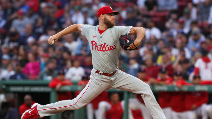 Jun 11, 2024; Boston, Massachusetts, USA; Philadelphia Phillies starting pitcher Zack Wheeler (45) throws a pitch during the second inning against the Boston Red Sox at Fenway Park.