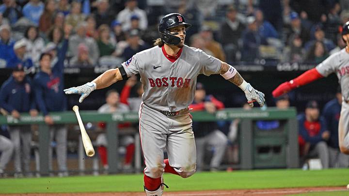 May 19, 2026; Kansas City, Missouri, USA;  Boston Red Sox left fielder Jarren Duran (16) runs to first base after hitting a three-run home run in the ninth inning against the Kansas City Royals at Kauffman Stadium. Mandatory Credit: Peter Aiken-Imagn Images