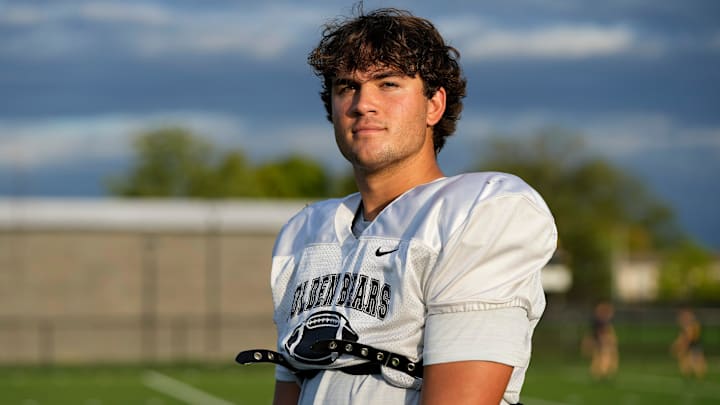 Oct 1, 2024; Columbus, OH, USA; Upper Arlington defensive end Cal Thrush, a Michigan State commit, during practices at the high school.