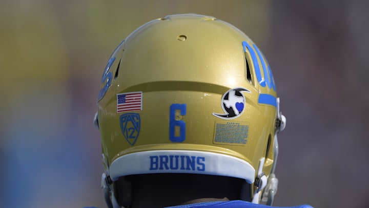 Sep 3, 2017; Pasadena, CA, USA; UCLA Bruins defensive back Adarius Pickett (6) wears Hurricane Harvey sticker on helmet during a NCAA football game against the Texas A&M Aggies at Rose Bowl. The sticker features the state of Texas inside the symbol for a hurricane and a heart over where Houston is located on the state map. Mandatory Credit: Kirby Lee-Imagn Images Sep 3, 2017; Pasadena, CA, USA; UCLA Bruins defensive back Adarius Pickett (6) wears Hurricane Harvey sticker on helmet during a NCAA football game against the Texas A&M Aggies at Rose Bowl. The sticker features the state of Texas inside the symbol for a hurricane and a heart over where Houston is located on the state map. Mandatory Credit: Kirby Lee-Imagn Images