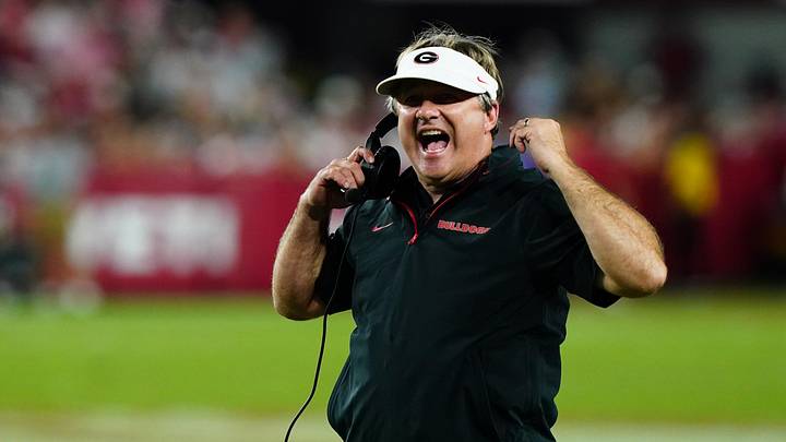 Sep 28, 2024; Tuscaloosa, Alabama, USA; Georgia Bulldogs head coach Kirby Smart reacts during the first half against the Alabama Crimson Tide at Bryant-Denny Stadium. Mandatory Credit: John David Mercer-Imagn Images Sep 28, 2024; Tuscaloosa, Alabama, USA; Georgia Bulldogs head coach Kirby Smart reacts during the first half against the Alabama Crimson Tide at Bryant-Denny Stadium. Mandatory Credit: John David Mercer-Imagn Images