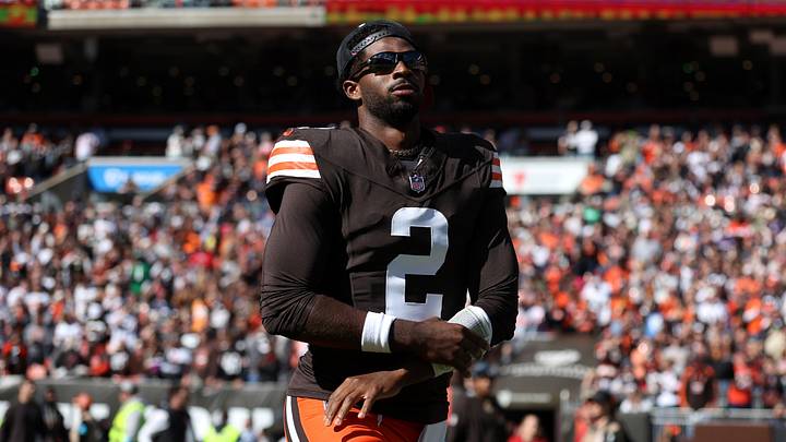 Oct 18, 2026; Cleveland, Ohio, USA;  Cleveland Browns quarterback Shedeur Sanders (2) before the game against the Baltimore Ravens at Huntington Bank Field.  Mandatory Credit: Scott Galvin-Imagn Images