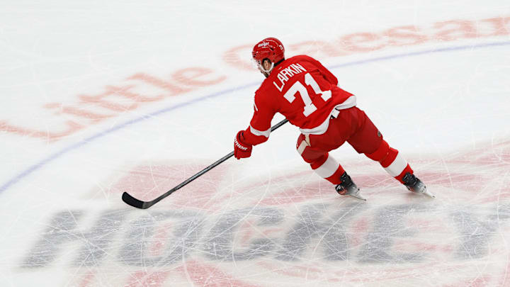 Mar 4, 2026; Detroit, Michigan, USA; Detroit Red Wings center Dylan Larkin (71) skates with the puck in the first period against the Vegas Golden Knights at Little Caesars Arena. Mandatory Credit: Rick Osentoski-Imagn Images Mar 4, 2026; Detroit, Michigan, USA; Detroit Red Wings center Dylan Larkin (71) skates with the puck in the first period against the Vegas Golden Knights at Little Caesars Arena. Mandatory Credit: Rick Osentoski-Imagn Images
