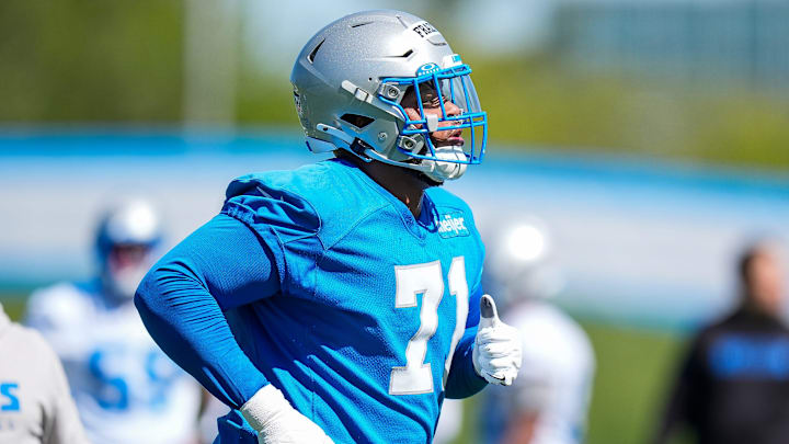 Detroit Lions offensive lineman Miles Frazier (71) practices during rookie mini camp at Meijer Performance Center in Allen Park on Friday, May 9, 2025. Detroit Lions offensive lineman Miles Frazier (71) practices during rookie mini camp at Meijer Performance Center in Allen Park on Friday, May 9, 2025.