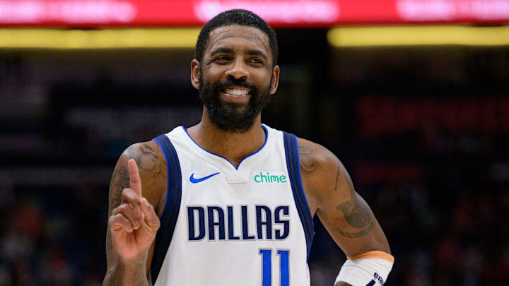 Jan 29, 2025; New Orleans, Louisiana, USA;  Dallas Mavericks guard Kyrie Irving (11) reacts to fan during the second half against the New Orleans Pelicans at Smoothie King Center. Mandatory Credit: Matthew Hinton-Imagn Images