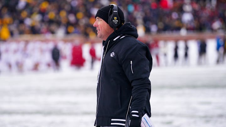 Nov 30, 2024; Columbia, Missouri, USA; Missouri Tigers head coach Eli Drinkwitz watches play against the Arkansas Razorbacks during the first half at Faurot Field at Memorial Stadium. Mandatory Credit: Denny Medley-Imagn Images