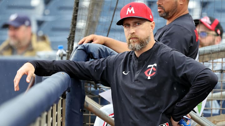 Feb 24, 2025; Port Charlotte, Florida, USA; Minnesota Twins manager Rocco Baldelli (5) looks on during a game against the Tampa Bay Rays at Charlotte Sports Park. Mandatory Credit: Kim Klement Neitzel-Imagn Images