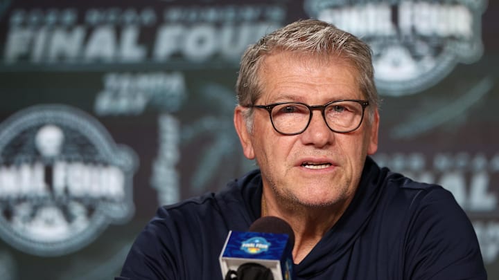 Apr 5, 2025; Tampa, FL, USA; UConn Huskies head coach Geno Auriemma talks to media before the NCAA Woman’s Final practice at Amalie Arena. Mandatory Credit: Nathan Ray Seebeck-Imagn Images
